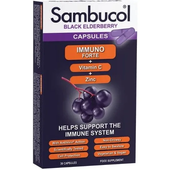 Sambucol Immuno Forte: Schwarzer Holunder, Vitamin C & Zink (30 Kapseln)