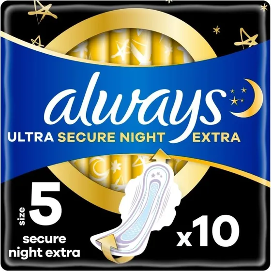 Always Ultra Secure Night Damenbinden mit Flügeln, Größe 5, 10 Stück