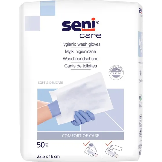 Seni Care Hygienewaschhandschuhe unfoliert, 50 Stück, 22,5 x 16 cm