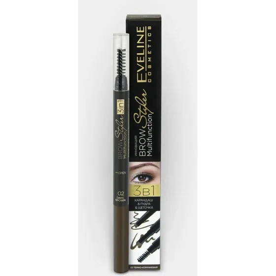 Eveline Cosmetics Brauenstyler 3-in-1 Augenbrauenstift, 02 Dunkelbraun