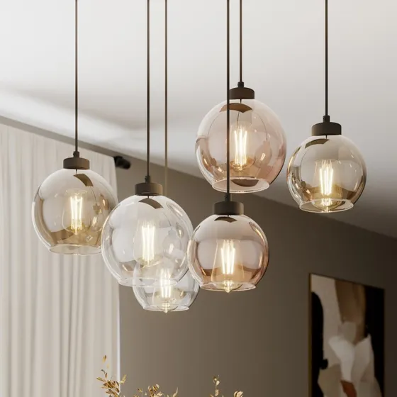 Euluna Hängeleuchte Cubus, 74 cm, 6-flammig, Glas klar/honig/braun
