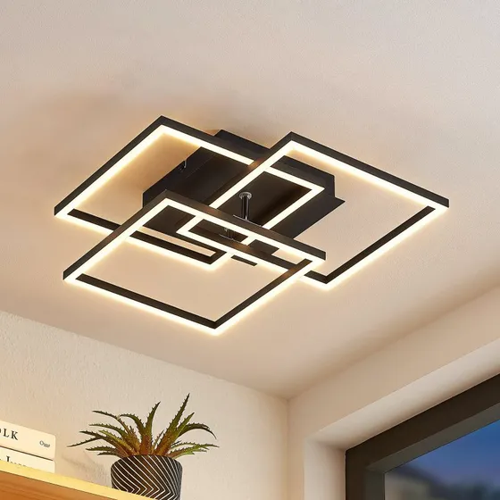Lindby Qiana LED-Deckenleuchte Schwarz, Eckig, 42cm