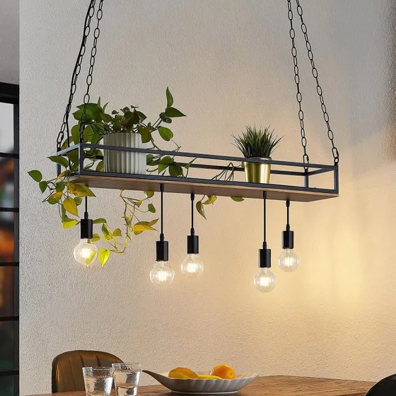 Lindby Kirista 5-flammige Pendelleuchte Wood/Black, 100 cm
