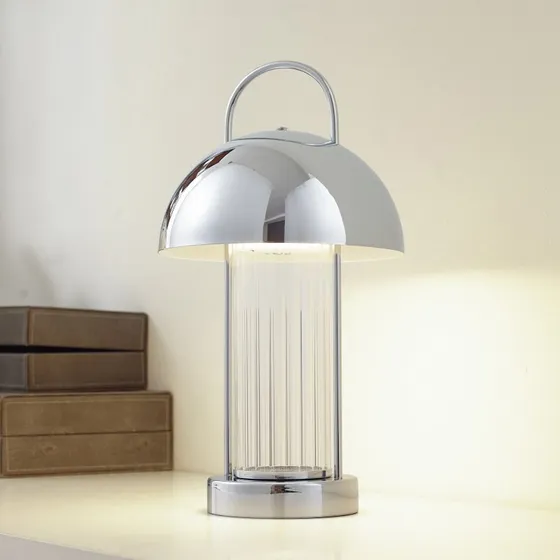Lindby Mareli LED-Akku-Tischleuchte, Chrom, Metall, Ø 18 cm