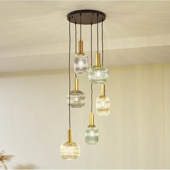 Lindby Hängeleuchte Doroteo, 6-flammig, Glas, grün/amber/grau