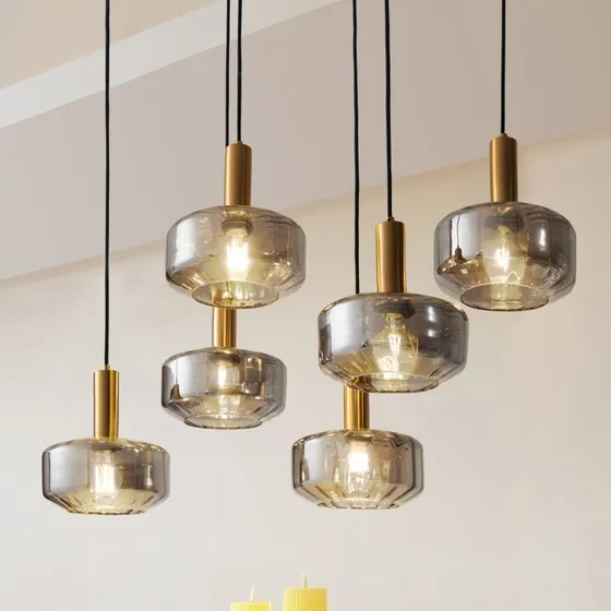 Lindby Pendelleuchte Hildur 6-flammig - Rauchgrau/Messing