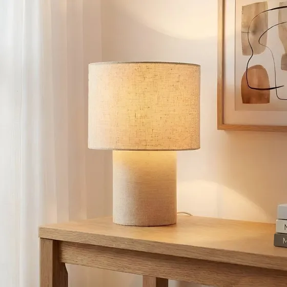 Lindby Elfie Tischleuchte, beige, Leinen, Ø 23 cm, E27