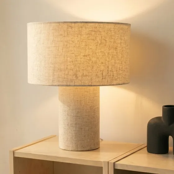 Lindby Tischleuchte Elfie, Beige, Leinen, Ø 35 cm, E27