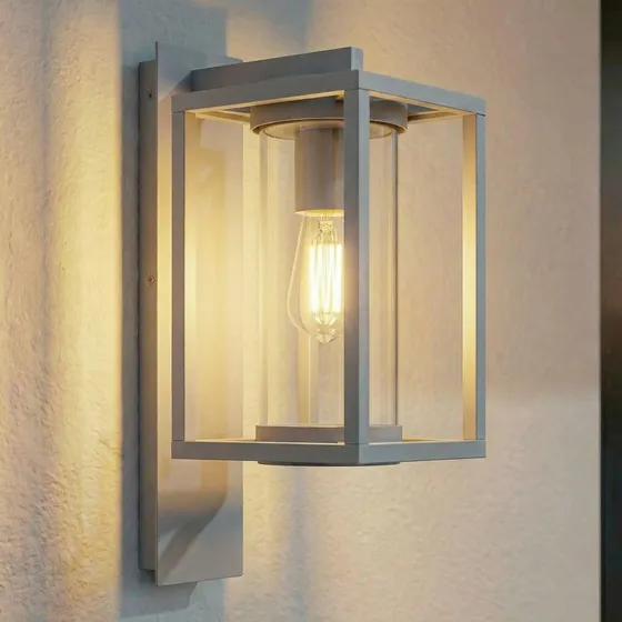 Lucande Außenwandleuchte Ferda, E27, IP44, Hellgrau, Aluminium & Glas