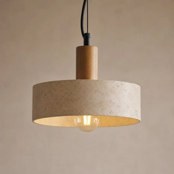 Lucande Hängeleuchte Carlotta, beige/Walnuss, Ø 27 cm, Holz & Beton
