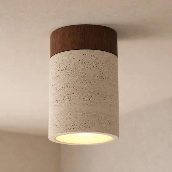 Lucande Deckenleuchte Carlotta, Ø 12 cm, Walnuss/Beton, Beige