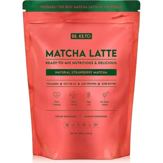 BeKeto Matcha Latte Erdbeere mit MCT C8, Kollagen & Ghee (250g)