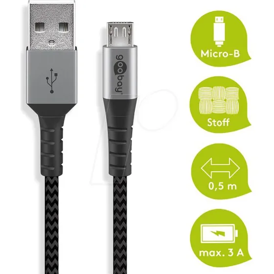 Goobay 49273 Micro-USB auf USB-A Kabel, 0,5 m, spacegrau/silber
