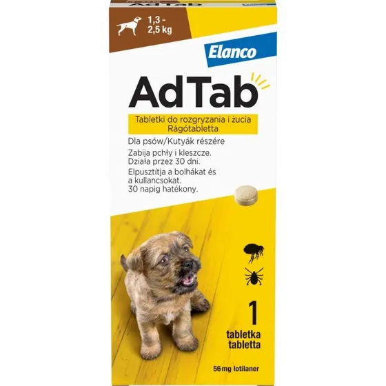 AdTab 56 mg Kautabletten gegen Flöhe und Zecken für Hunde (1,3-2,5 kg)