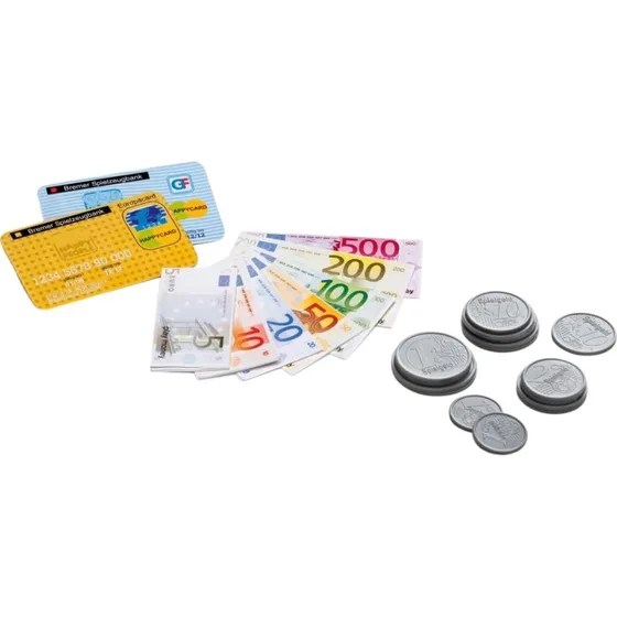 ERZI Spielgeld Set mit 70 Scheinen, 16 Mnzen & 2 Kreditkarten