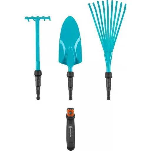 GARDENA combisystem-Kleingerte-Set mit Griff, Blumenkelle, Blumenrechen, Kleinbesen