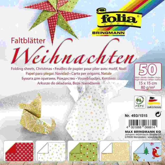 folia Faltblätter Weihnachten, 150 x 150 mm, 50 Stück, 80 g/m²