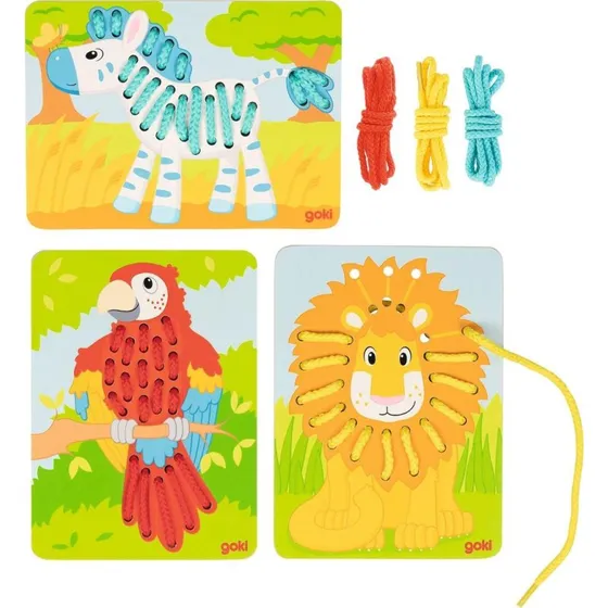 Fädelspiel Tiere: Papagei, Löwe und Zebra