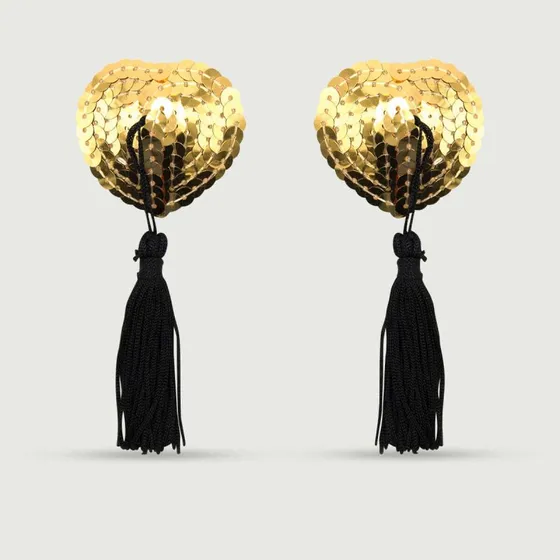 Pailletten Nippel Pasties mit Quasten - Gold/Schwarz