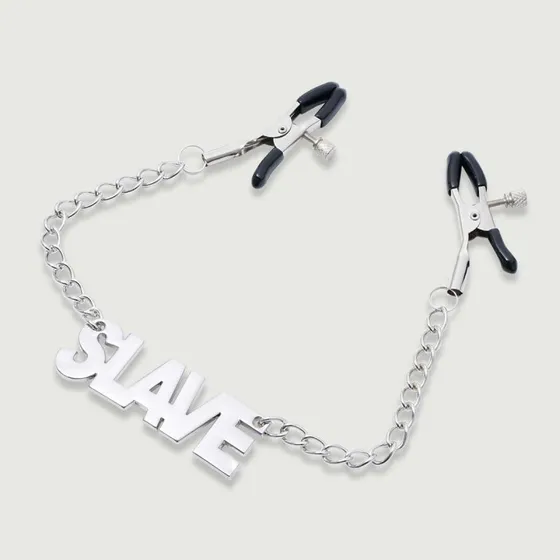 Sexopolis Nippelklammern mit Kette & SLAVE Tag - Silber