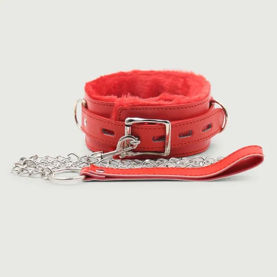 Sexopolis Verstellbares Halsband mit Kette und Pelzbesatz - Rot