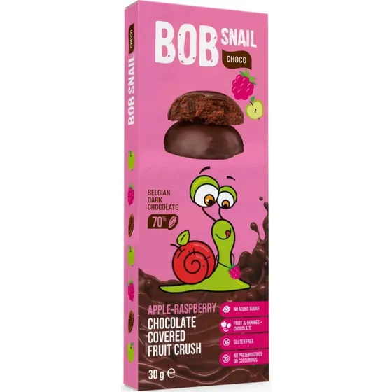 Bob Snail Fruchtsnack Himbeere & Apfel mit 70% Zartbitterschokolade, 30g