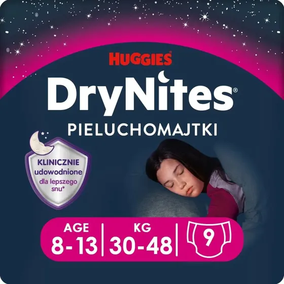 Huggies DryNites Nachtwindeln für Mädchen, 8-13 Jahre, 30-48 kg, 9 Stk.