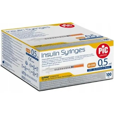 PIC-Insulinspritzen Einweg-Spritzen 0,5 ml, G30, 30 x 8 mm, 100 Stück