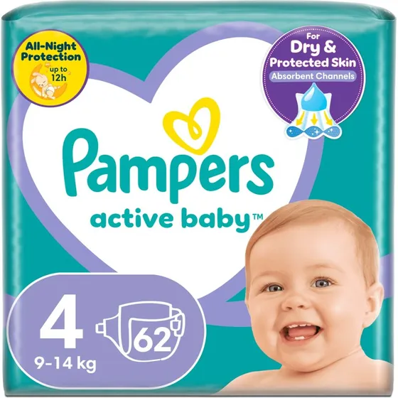 Pampers Active Baby Windeln, Größe 4, 9-14 kg, 62 Stück