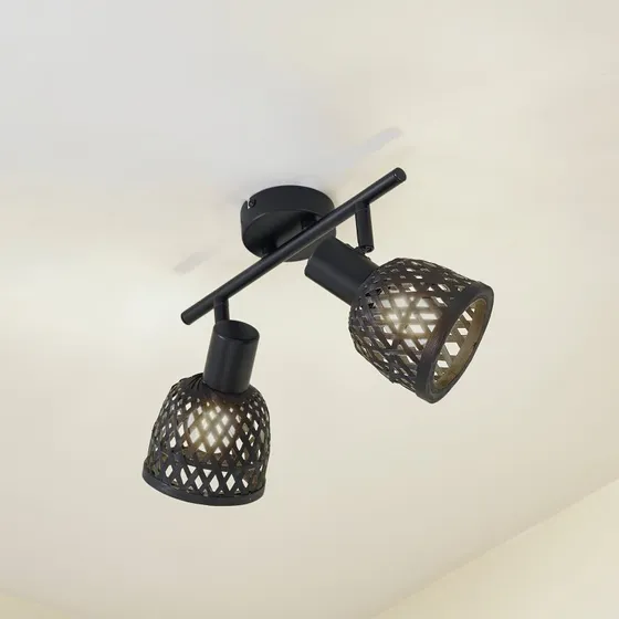 Lindby Deckenleuchte Eskil 2, Schwarz & Bambus, 2-flammig