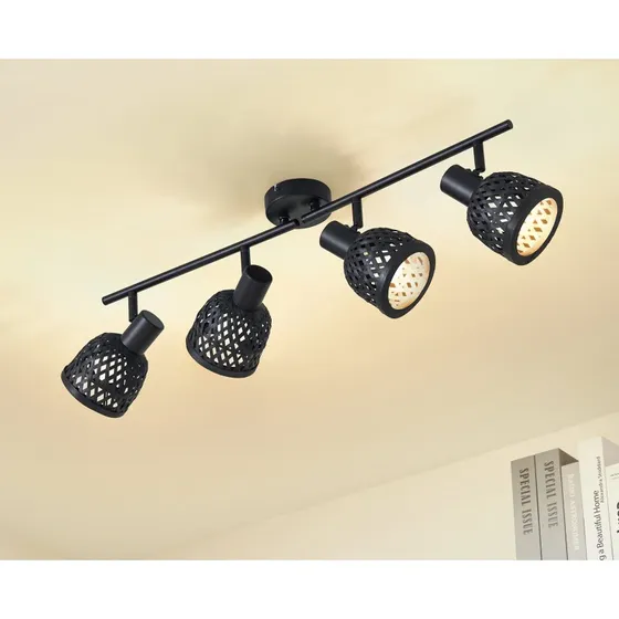 Lindby Deckenleuchte Eskil, 4-flammig, Schwarz, Bambus, Ø 10 cm