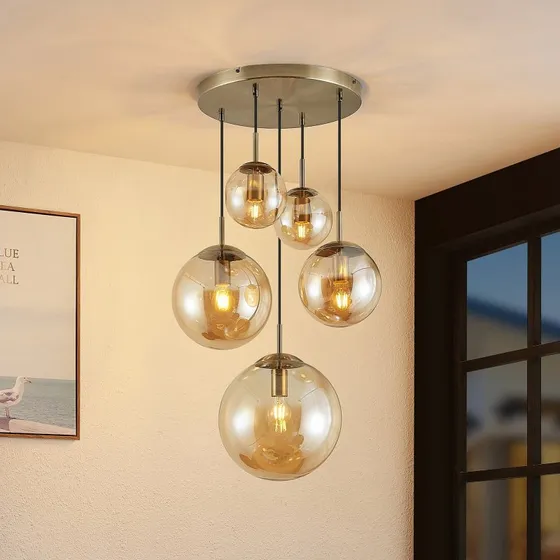 Lindby Hängeleuchte Teeja, Amber, 5-flg., Ø50cm, Glas, E27