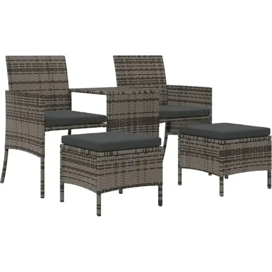vidaXL Gartensofa 2-Sitzer mit Tisch und Hockern, Grau, PE-Rattan
