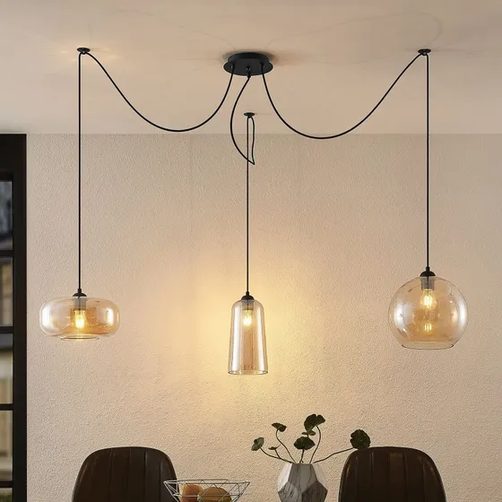 Lucande Zyli Pendelleuchte, 3-flammig, Amber, Glas, Vintage