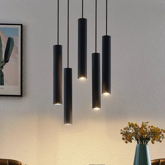 Lindby Pendelleuchte Sanad Schwarz, 5-flammig, Ø 40 cm