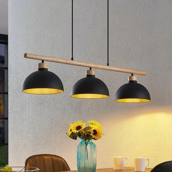 Lindby Hängeleuchte Tirzana, 3-flg., Schwarz/Holz