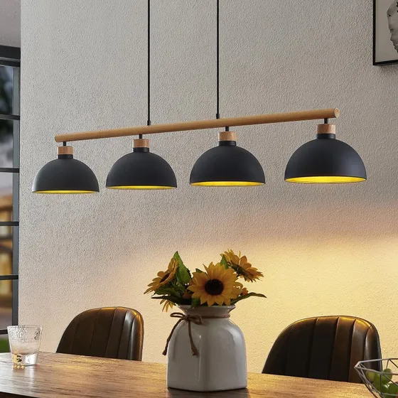 Lindby Hängeleuchte Tirzana, 4-flammig, Schwarz/Holz