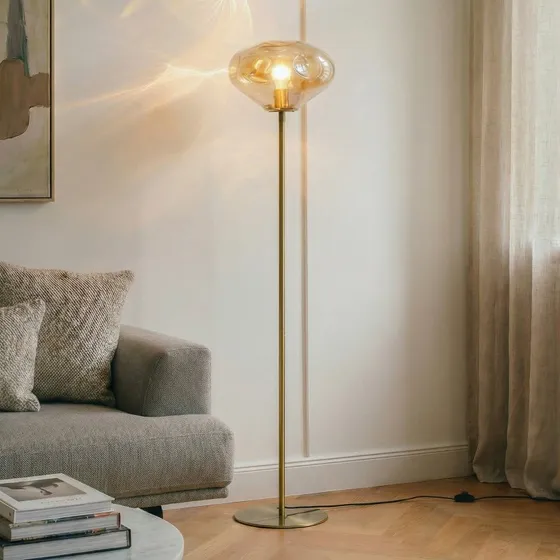 Lindby Stehleuchte Lelia, 150 cm, Glas Amber & Messing
