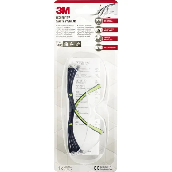 3M SecureFit Schutzbrille SF400C-1, klare Gläser, schwarz/neongrün