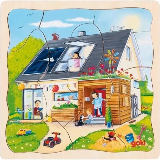 goki Schichtenpuzzle Wir bauen ein Haus – 35-teiliges Holzpuzzle