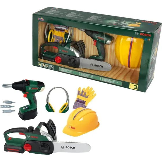 Bosch Werkzeug-Spielset mit Helm, Bohrmaschine & Kettensäge