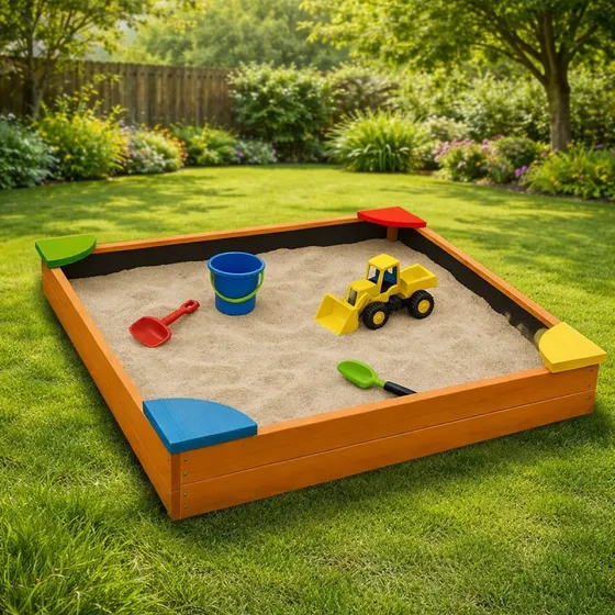 Holz Sandkiste 90x90x16 cm mit Abdeckung und Bodenplane