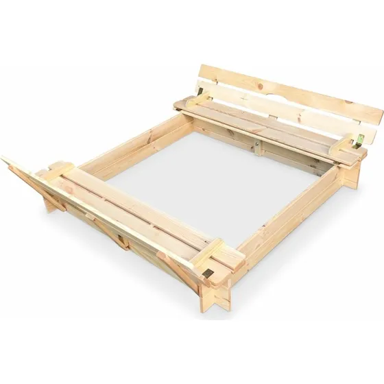 Holz-Sandkasten mit Deckel-Bank, 118x118x20 cm, natur