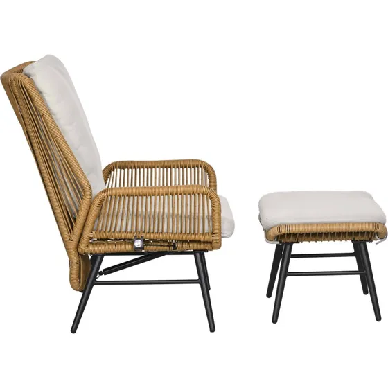 Outsunny Polyrattan Gartenstuhl & Hocker, verstellbare Lehne, Hellbraun/Grau/Schwarz