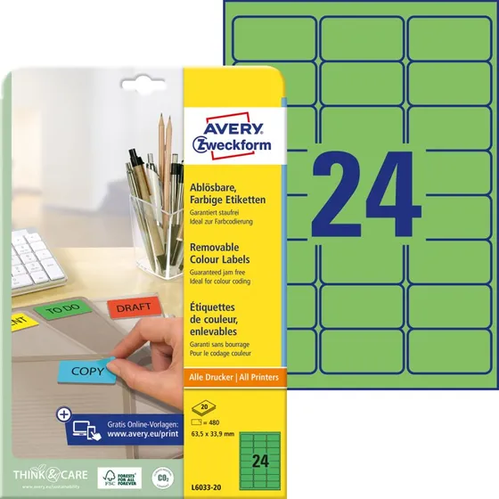 AVERY Zweckform L6033-20 Grün, 6,35 x 3,39 cm, 480 Etiketten