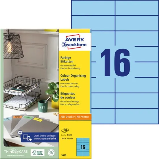 Avery Zweckform 3453 Blau, 105 x 37 mm, 1.600 Etiketten