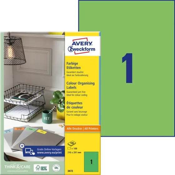 Avery Zweckform 3472 Grün, 210 x 297 mm, 100 Etiketten