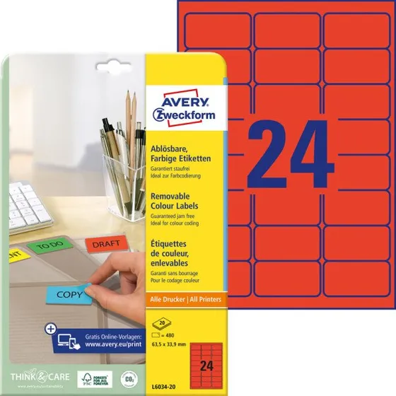 AVERY Zweckform L6034-20 Etiketten, 63,5 x 33,9 mm, rot, 480 St.