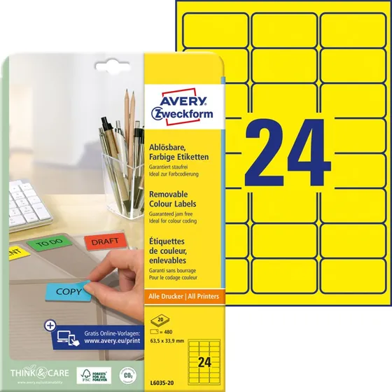 Avery Zweckform L6035-20 Gelbe Etiketten 63,5 x 33,9 mm