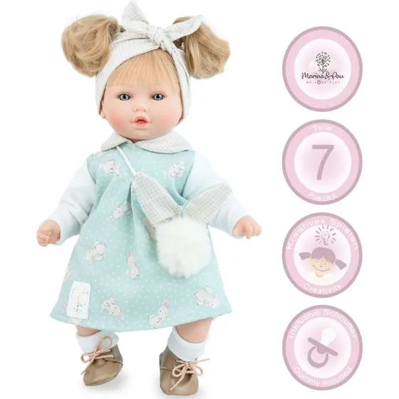 Leni 40 cm Puppe mit langen Haaren & Schnuller, Weichkörper, made in Spain